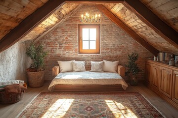 Cozy Attic Bedroom with Wooden Beams and Brick Wall