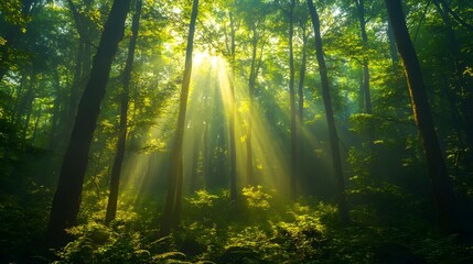 Fototapeta premium Sunlight streams through lush greenery in a serene forest setting.