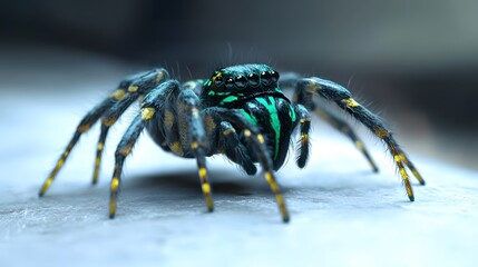 Fototapeta premium A toxic spider, with vibrant green markings on its body, positioned on a white surface