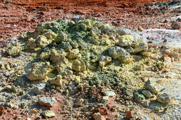 the colorful sulphur- encrusted rocks in the volcanic solfatara fields of krysuvik geothermal area in the mountains near harfnarfjordur, south of reykjavik, iceland
