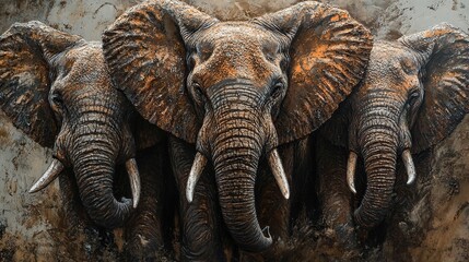 Majestic Trio: African Elephants in Mud