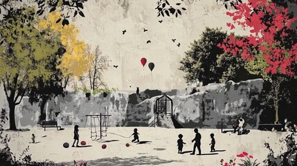 futuristic park: children at play on biodegradable playground equipment amidst blooming trees and native plants – perfect for sports interior posters