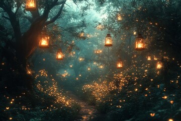 Obraz premium Enchanted forest path, glowing lanterns, fireflies.