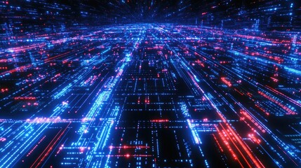 Futuristic Digital Stream of Lights in Vibrant Red and Blue Colors