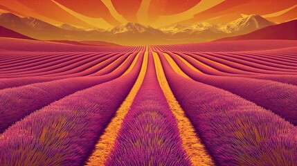 serene lavender field at sunset: endless rows of plants with majestic mountains, perfect symmetry & warm light – ideal for a tranquil poster in modern interiors or wellness spaces