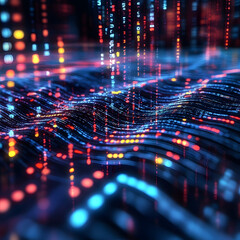 Obraz premium Futuristic digital landscape with glowing data streams and light patterns, symbolizing technology, innovation, data flow, artificial intelligence, and the dynamics of modern information systems.