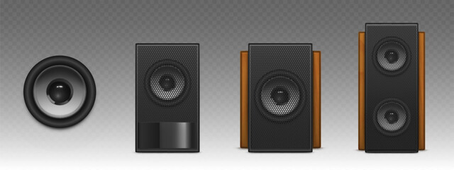 3d music speaker sound. Audio box system vector. Realistic black home subwoofer set. Professional and powerful volume technology equipment mockup for theater or cinema. Modern loud radio amplifier