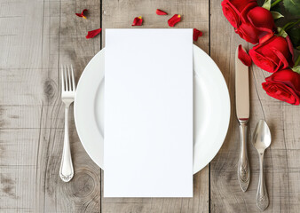 empty Valentine's day menu card, top view, flat lay. dishes and red roses.
