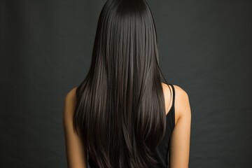 Fototapeta premium A woman with long black hair is standing in front of a dark background. Back view