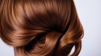 Naklejka premium Beautiful model girl with Brown hair strand,silky healthy chestnut wavy hair strand isolated on white background,hair wavy ribbon, with smooth texture,vibrant shine,brunette hairpiece, hairy ribbon.