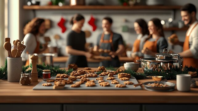 Christmas activity and celebration  relevance concept. Holiday baking with friends in a cozy kitchen setting.