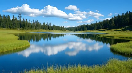 Fototapeta premium Serene lake reflecting clouds, surrounded by lush greenery.