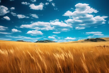 Obraz premium Golden wheat field under a vibrant blue sky.