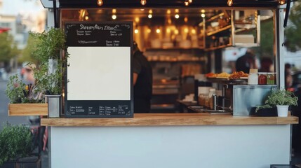 Blank signboard on a food truck counter with menu and plants.