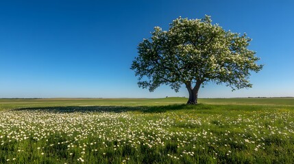 Fototapeta premium Lone tree stands tall in a vibrant green meadow under a clear blue sky.