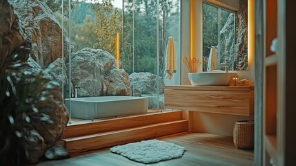transform your space with a minimalist bathroom poster: embrace stone features, nature-inspired decor, and calming lighting for a spa-like atmosphere.