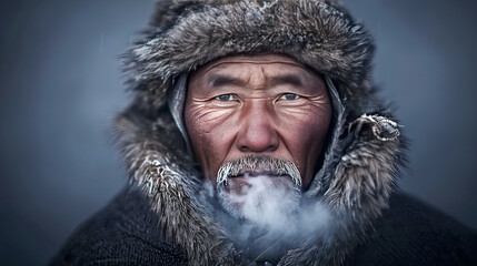 Elderly asian male in fur coat exhaling smoke in a winter landscape