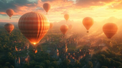 Fototapeta premium Sunset hot air balloons over fairytale village.