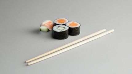 Sushi rolls and chopsticks arranged on a simple background.
