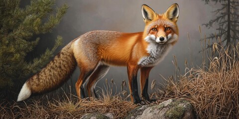 Fototapeta premium Full length portrait of a striking red fox in a natural setting. This beautiful wild fox displays a smart demeanor, showcasing the grace of woodland inhabitants with its captivating gaze.