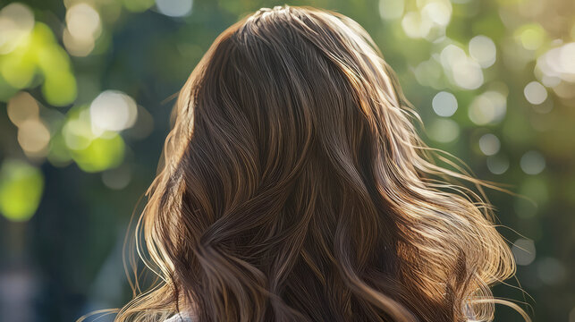 Sunlit brunette hair with natural waves in outdoor setting