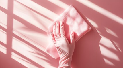A gloved hand wipes a pink surface with a cloth, creating shadows.