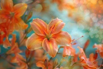 Orange lily flowers blooming in a garden with soft pastel colors and bokeh effect