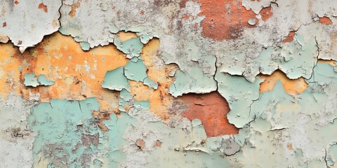 Fototapeta premium Abstract texture of an old wall featuring rusty smudges and peeling paint. This old wall showcases unique abstract texture with its weathered appearance and distressed details.