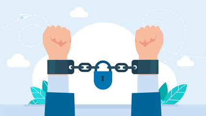 Closed jail cuffs. Cartoon handcuffs. Chained, handcuffed hands. Crime symbol. Metal handcuffs on hands for criminal cases such as fraud and other crimes. Clenched Fists. Vector Illustration.