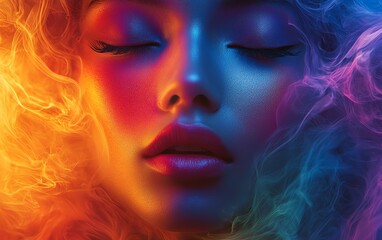 Woman s face dissolving into a rainbowcolored flow, creating a dreamlike and surreal effect, ideal for colorful and ethereal artistic visuals