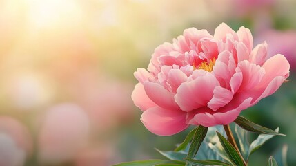 Fototapeta premium Delicate blooming pink peony thrives in a vibrant garden during springtime. This stunning pink peony embodies the essence of spring and summer, making it a perfect nature concept with ample copy