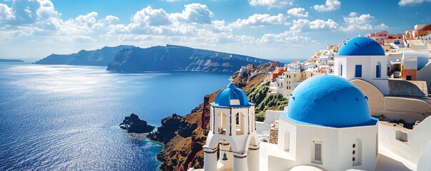 Santorini’s white buildings with blue domes by the sea