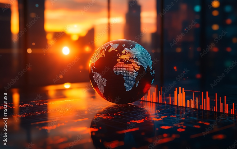 Poster abstract globe surrounded by technology, data, and statistical graphics, symbolizing global communic