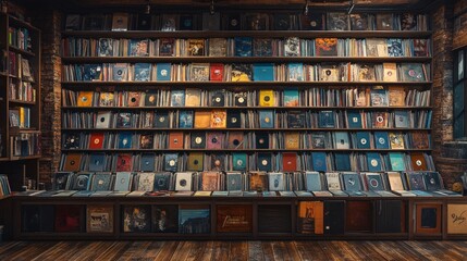 Wooden shelves overflowing with vintage vinyl records.