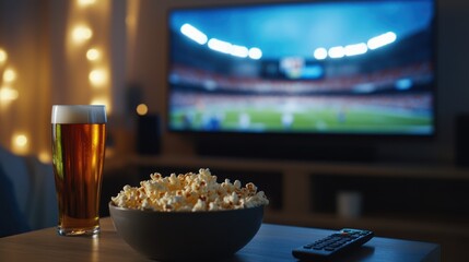 A cozy setup with popcorn and beer for watching a sports game.