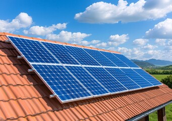 During sunset, solar panels on residential rooftops reflect sunlight, emphasizing sustainable energy and green living with a stunning sunset backdrop.