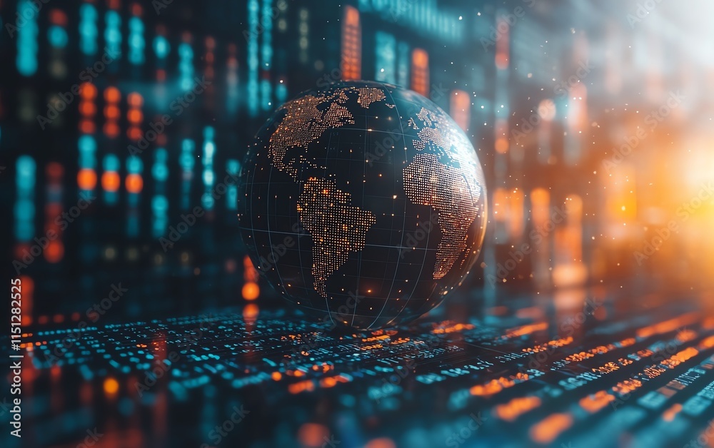 Leinwandbilder Globe on a futuristic technology background with digital data and statistics, symbolizing the connection and flow of global information and communication