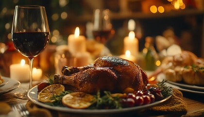 Glass of red wine being served at a cozy family Thanksgiving dinner, with delicious food, laughter, and a warm bokeh atmosphere