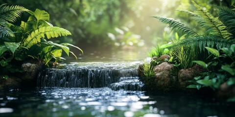 Fototapeta premium Serene backdrop featuring natural water, with clear water flowing through lush forest plants, creating a beautiful water scene in harmony with nature and the surrounding greenery.
