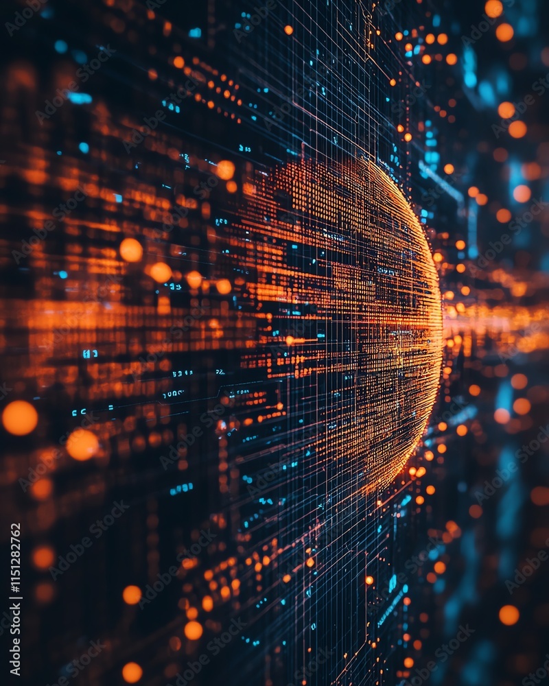 Poster globe on an abstract technology and data background, representing connection, communication, and sta