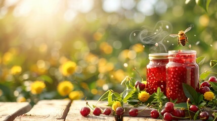 Two Jars of Homemade Cherry Jam Surrounded by Fresh Cherries, Flowers, and a Bee on a Sunny Day