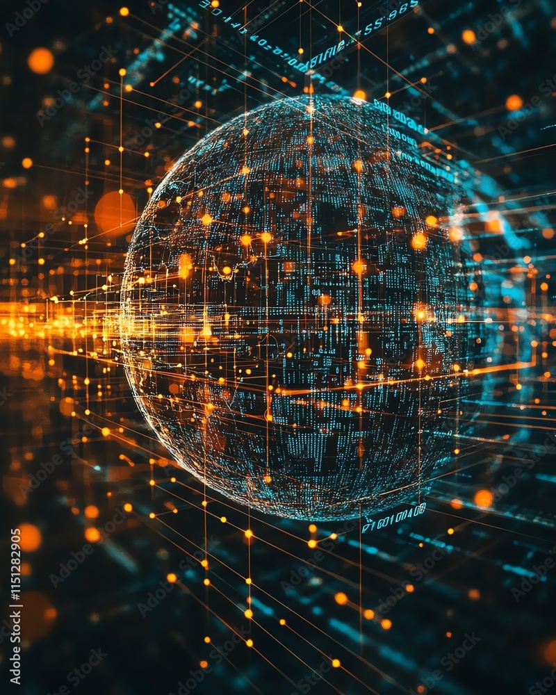 Poster globe on an abstract technology and data background, representing connection, communication, and sta