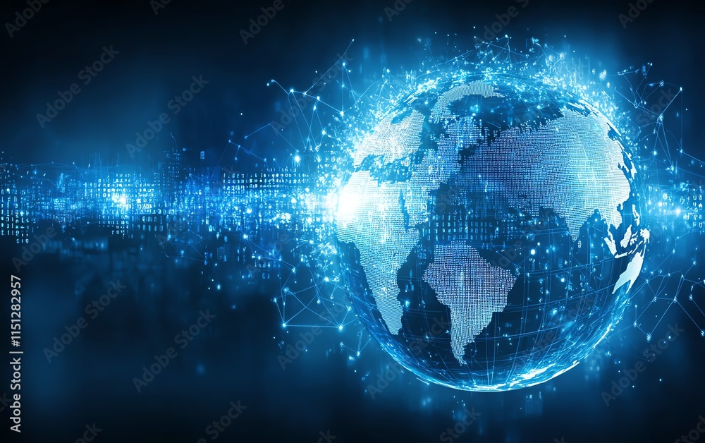 Leinwandbilder Globe with abstract technology and data background, featuring interconnected lines, digital patterns, and statistics, representing global communication and information
