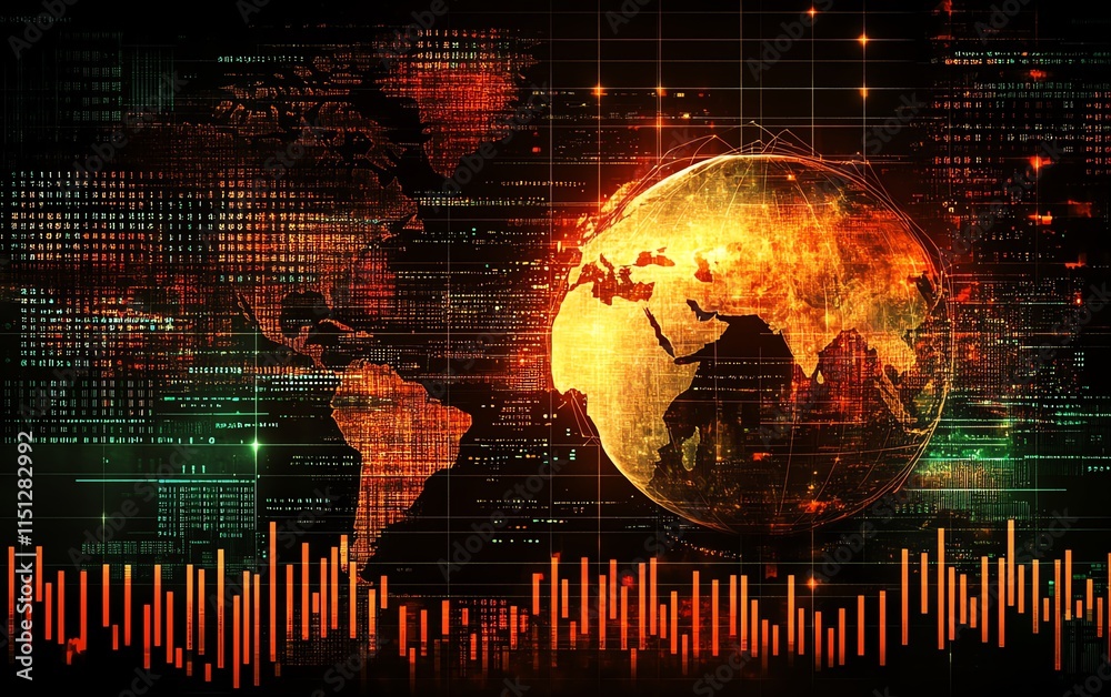 Poster Globe with abstract technology and data background, featuring interconnected lines, digital patterns, and statistics, representing global communication and information