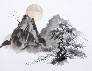 정월대보름 달 풍경 산수화