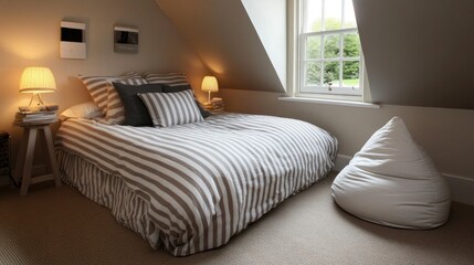 Cozy attic bedroom with striped bedding, lamps, and beanbag chair.