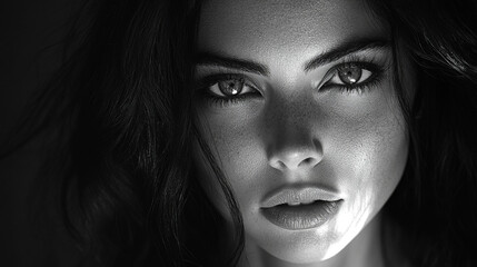Fototapeta premium Black and white portrait of a beautiful woman on a Minimalistic Background elegance, emotion, and classic style