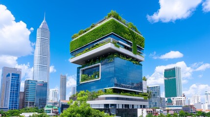 Environmentally friendly buildings in modern cities. A glass office building with trees reduces carbon dioxide and heat. Green office building. Structures that lower CO2 emissions.