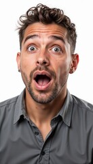 Surprised man with curly hair showing shocked expression against white background