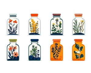 Illustration of medicinal plants and herb extracts in jars, flat vector style, symbolizing vitamins and natural remedies, minimalist design on a white background